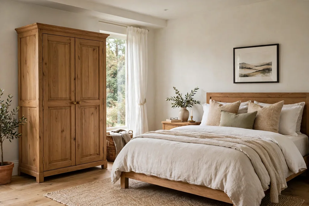 Freestanding wooden armoire with closed doors in a bedroom with a bed.
