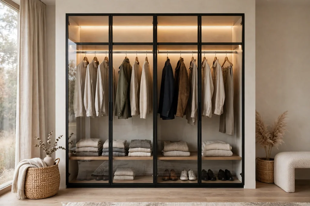 Glass-front bedroom wardrobe with soft interior lighting and neatly hung clothes.