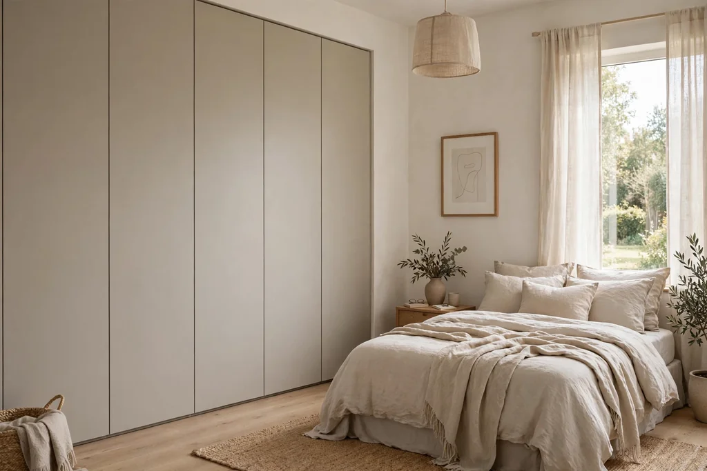Calm bedroom with handleless flat-front wardrobe doors in a matt finish.