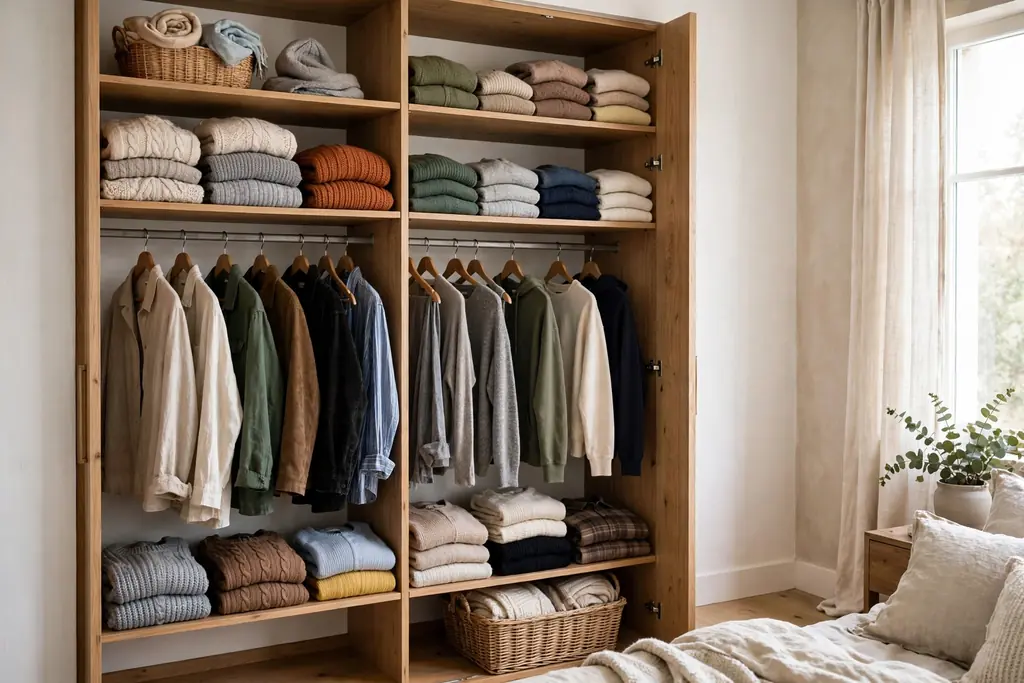 Open bedroom wardrobe rail with shelves, hanging clothes and folded knitwear.