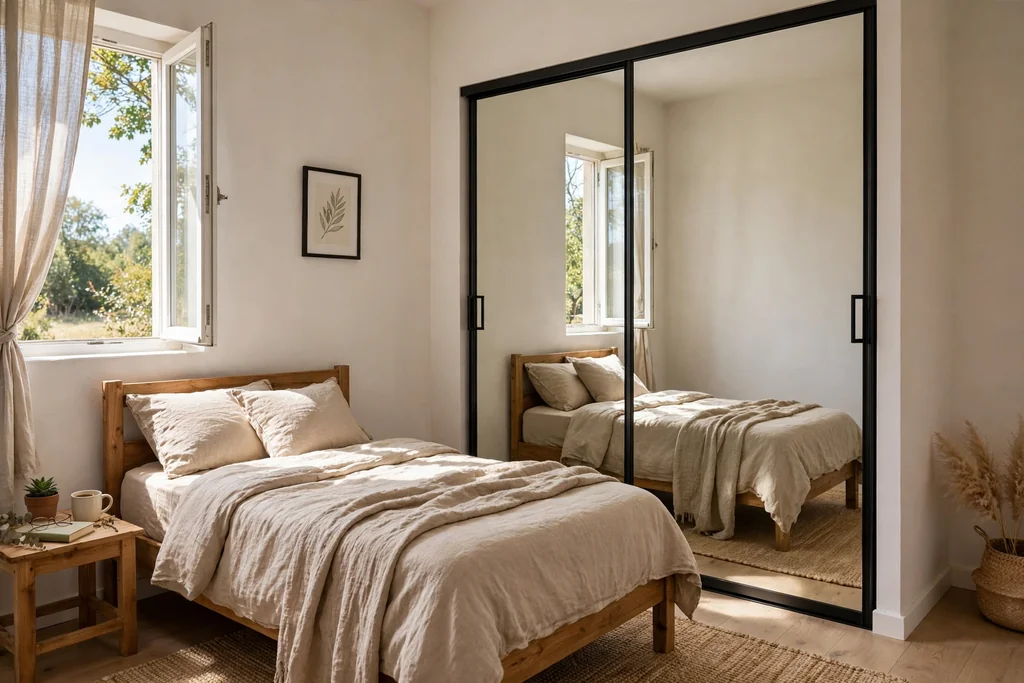 Small bedroom with sliding mirrored wardrobe doors beside a bed.