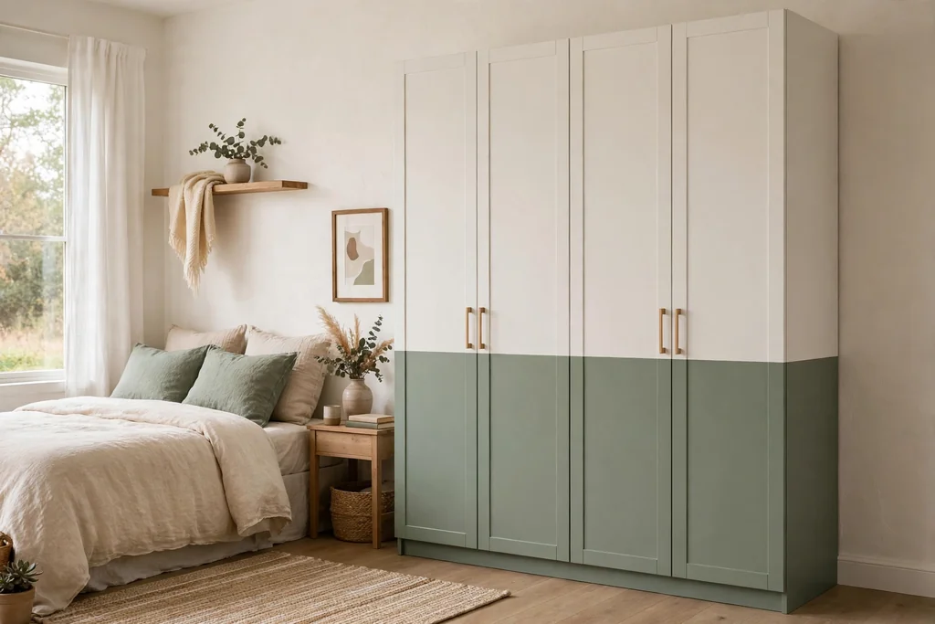 Bedroom wardrobe with two-tone painted doors in muted green and warm white.