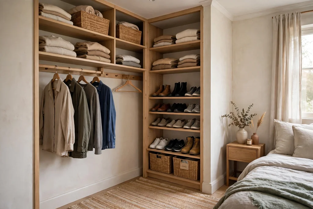Small walk-in wardrobe in a bedroom corner with rails, shelves and shoe storage.