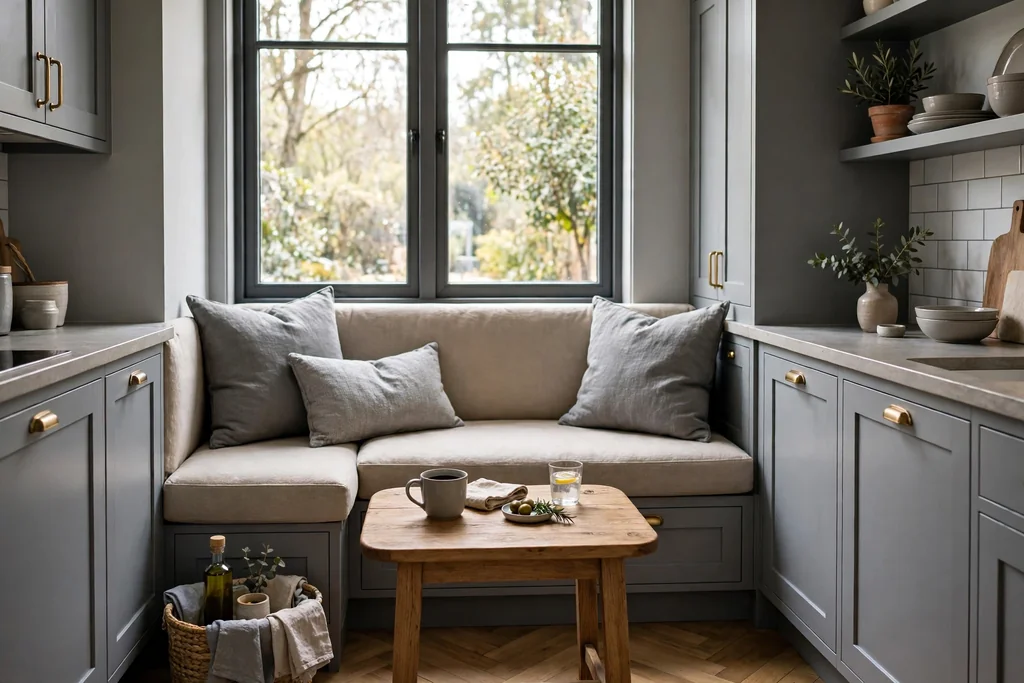 Kitchen banquette nook with a beige bench and grey cushions.