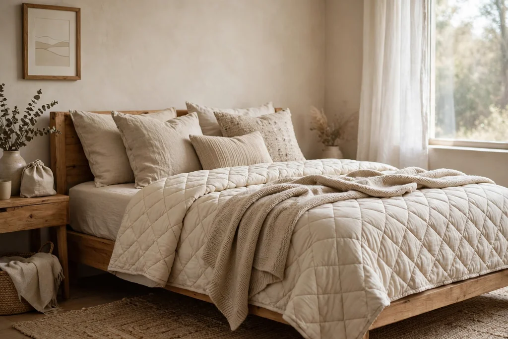 Beige bedroom with layered bedding in mixed textures, a cream quilt, a beige throw, and linen cushions on a wood bed.