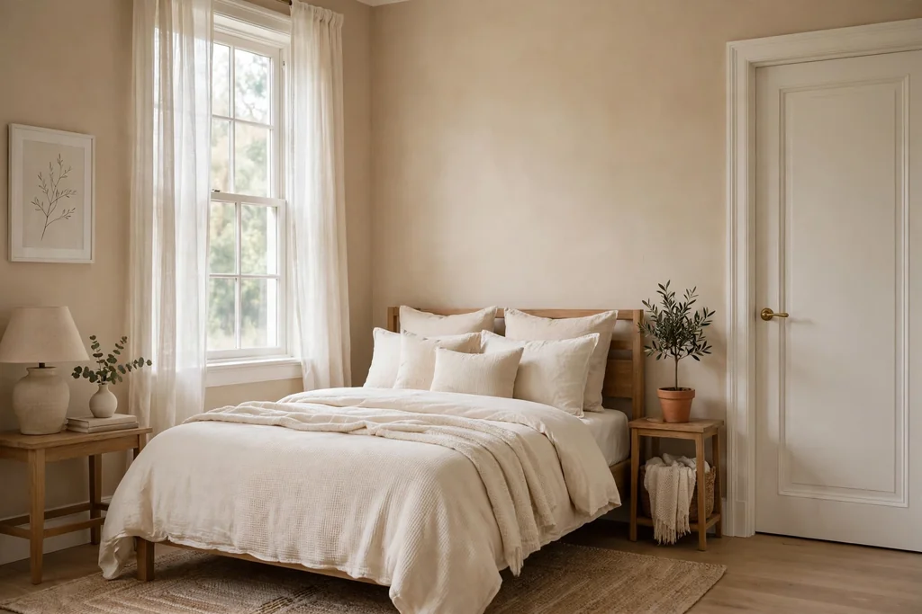 Beige bedroom with warm beige walls and crisp white trim around doors and window, and a bed with cream bedding.