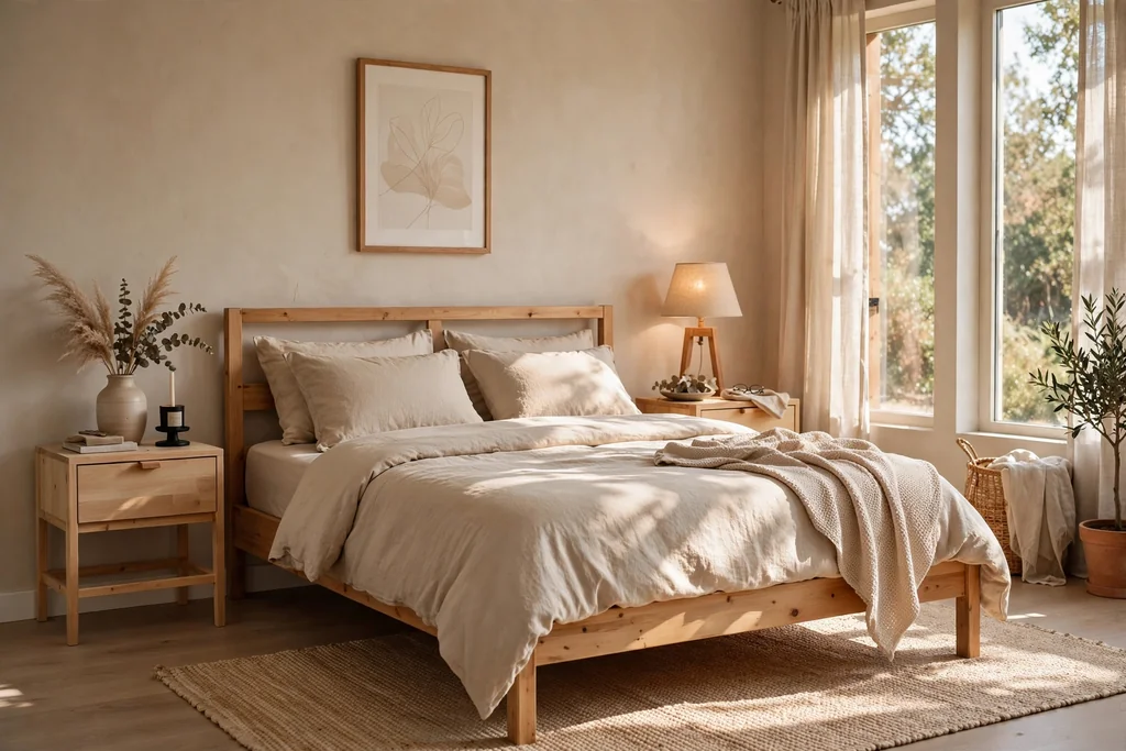 Beige bedroom with natural light wood furniture, a wooden bed frame, wooden nightstands, and beige bedding.