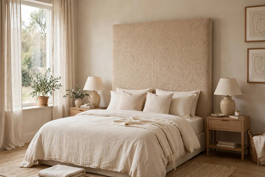 Beige bedroom with a tall boucle upholstered headboard in warm beige, cream bedding, and bedside lamps.