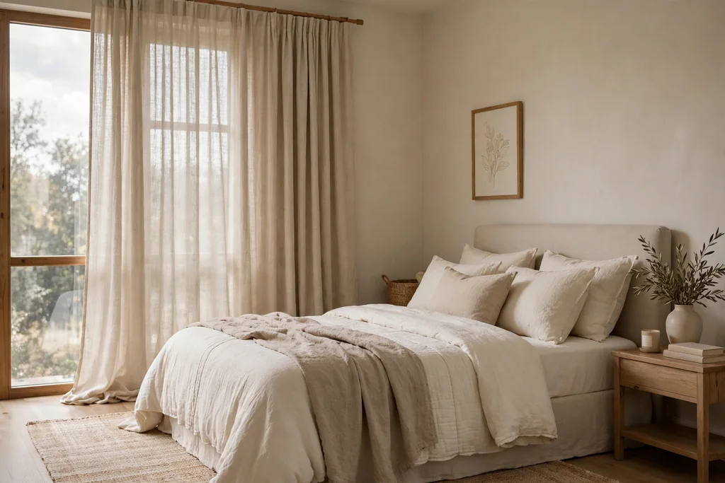 Beige bedroom with floor-to-ceiling beige linen curtains beside a window, soft filtered daylight, and a bed with cream bedding.
