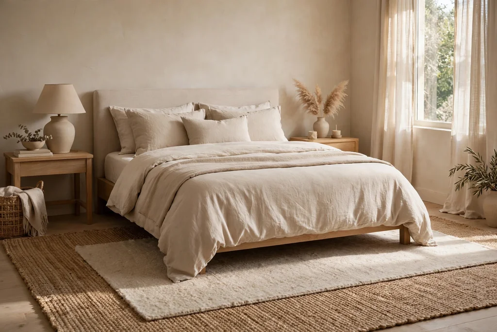 Beige bedroom with a large natural jute rug layered under a wool rug beneath a bed with beige bedding.