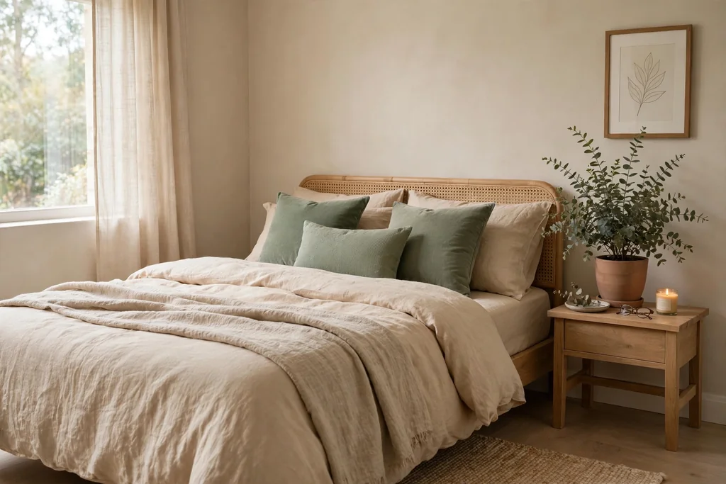 Beige bedroom with sage green cushions and a potted plant as calm accents against warm beige bedding and walls.