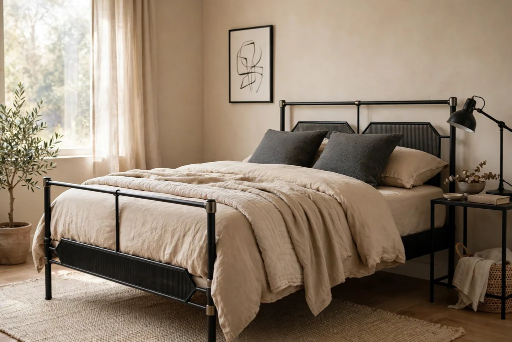 Beige bedroom with black metal bed frame accents, charcoal cushions, and a black lamp contrasting warm beige bedding.