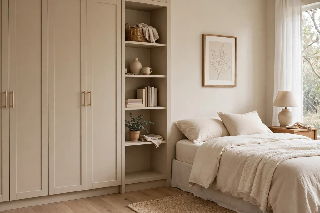 Beige bedroom with a built-in beige wardrobe wall with closed doors and open shelving beside a bed with cream bedding.