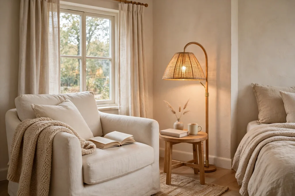 Beige bedroom reading corner with a cream armchair, a small side table, a warm floor lamp, and a book beside a window.