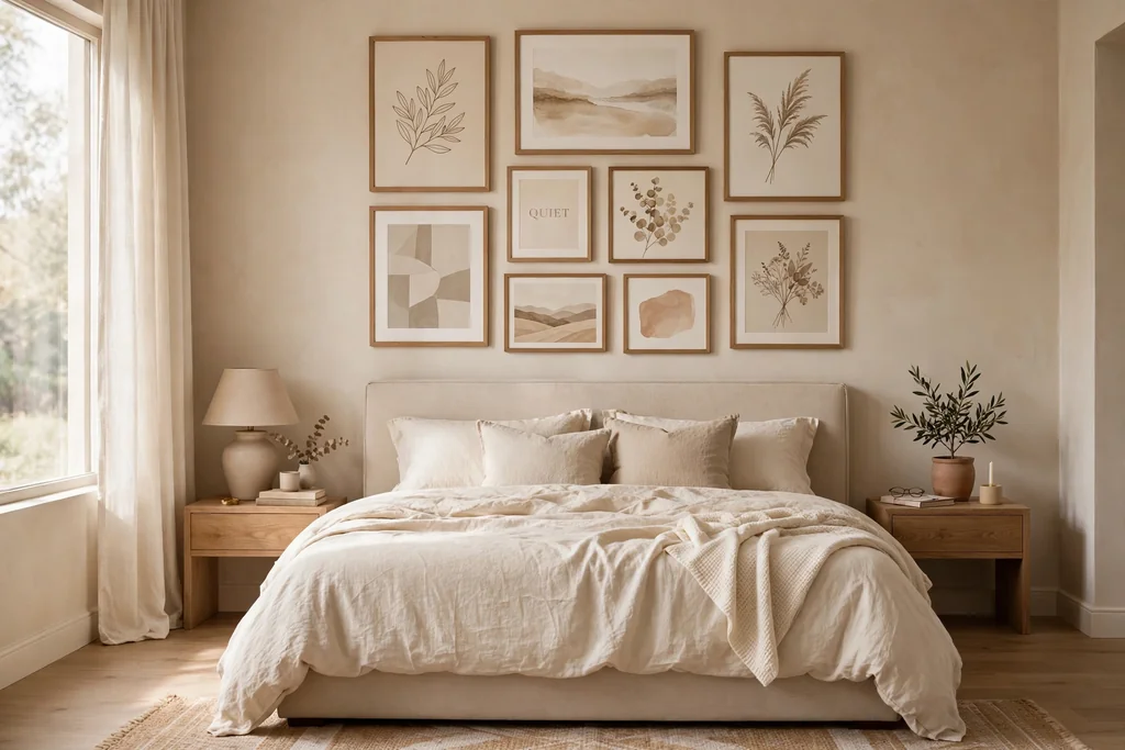 Beige bedroom with a gallery wall of framed art in warm neutral tones above a beige bed with cream bedding.