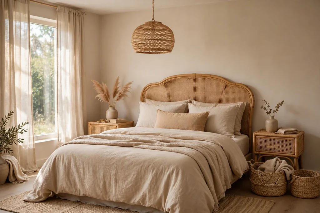 Beige bedroom with a rattan headboard, woven baskets, and a rattan pendant light, with warm beige bedding.