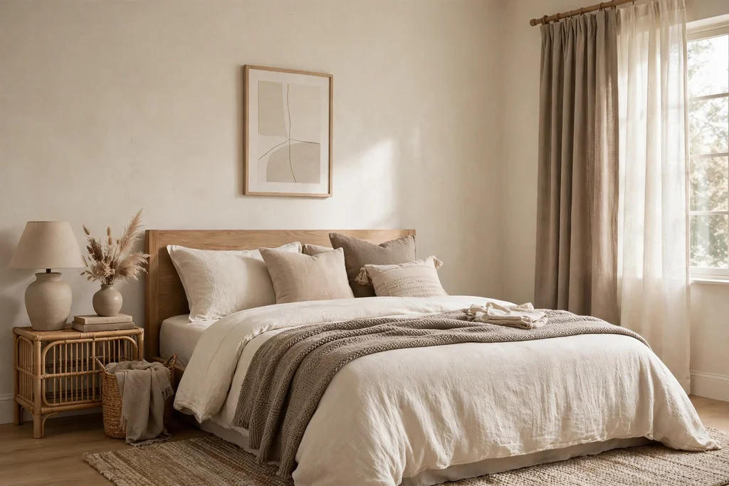 Beige bedroom in tone-on-tone shades from ivory to taupe, with bedding, walls, and curtains in different beige shades.