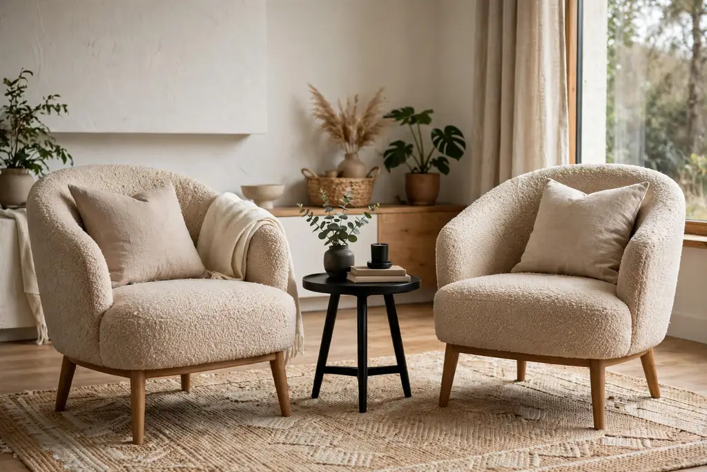 Beige boucle chairs with a small black side table between them.