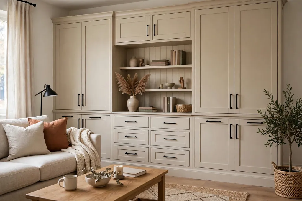 Beige built in cabinetry with matte black handles in a living room.