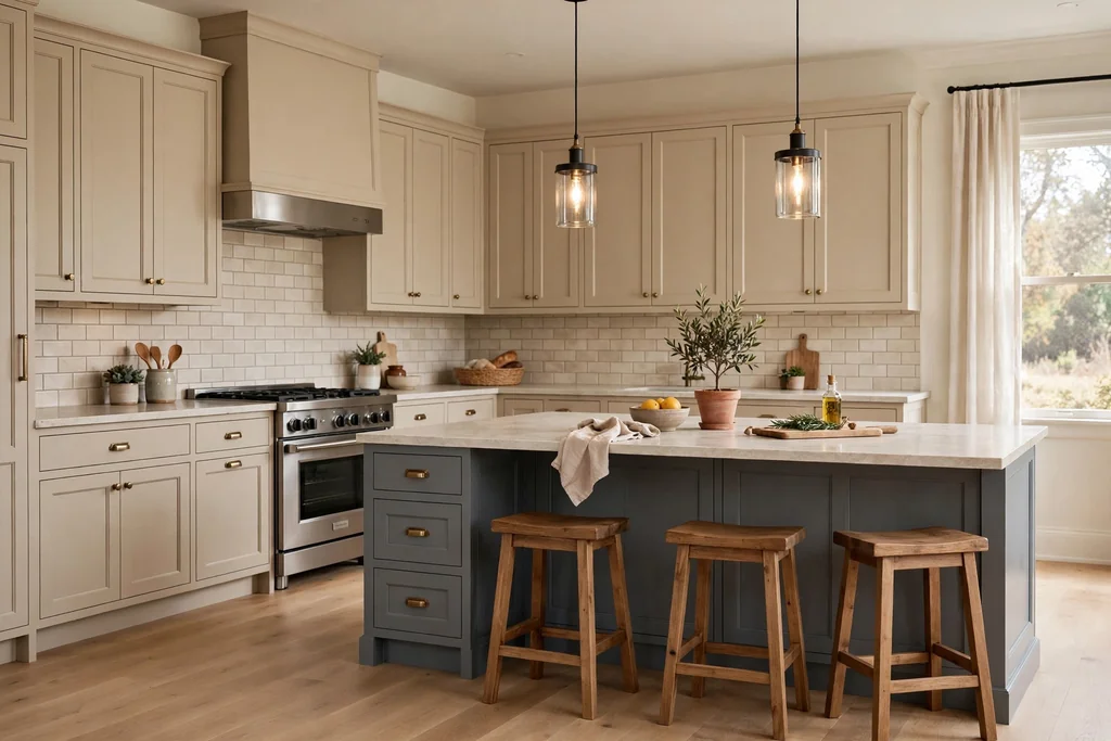 Kitchen with beige cabinets and a slate grey island.