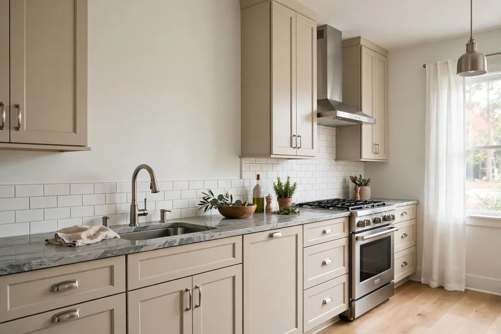 Kitchen with beige cabinets and a grey veined stone countertop.