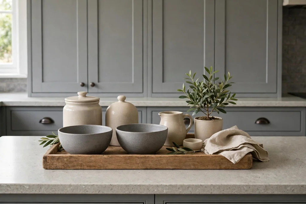 Kitchen counter styled with beige ceramics and grey stoneware bowls.