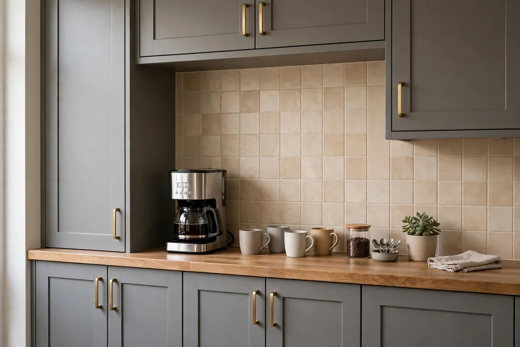 Kitchen coffee niche with a beige tiled back and grey cabinets.