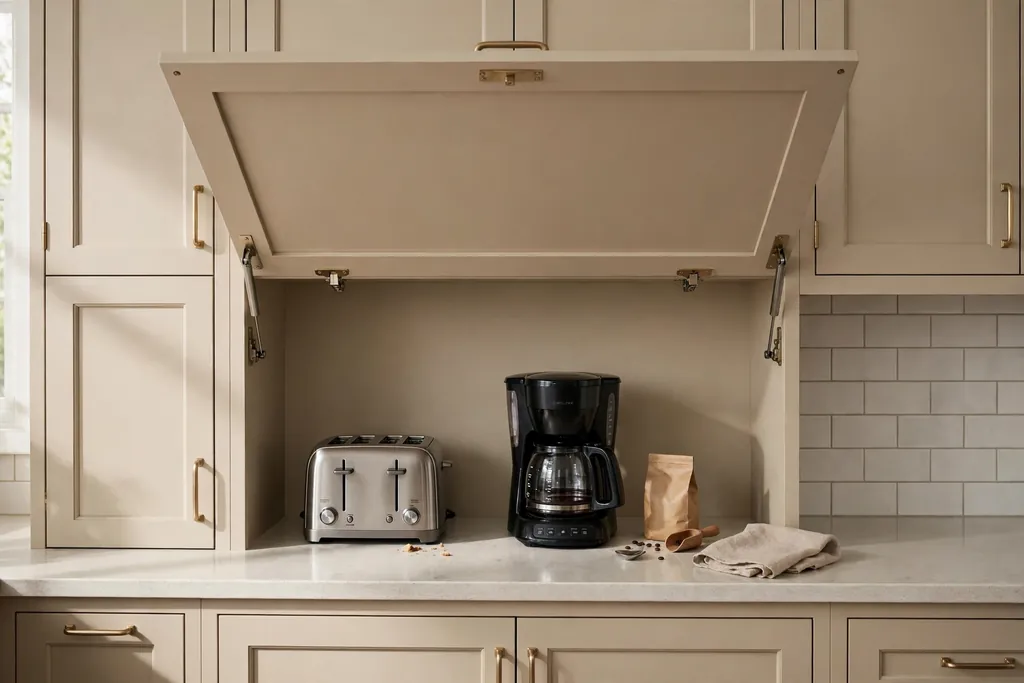 Beige appliance garage with a door open over a toaster and coffee maker.