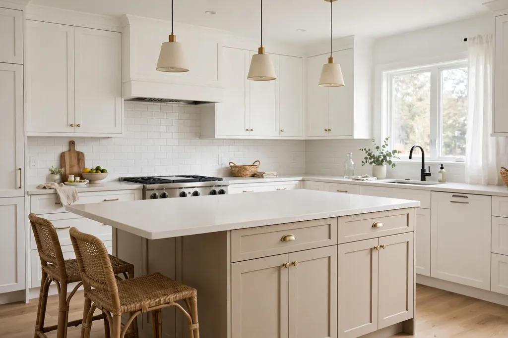 Beige island cabinets with a pale counter in a white kitchen.