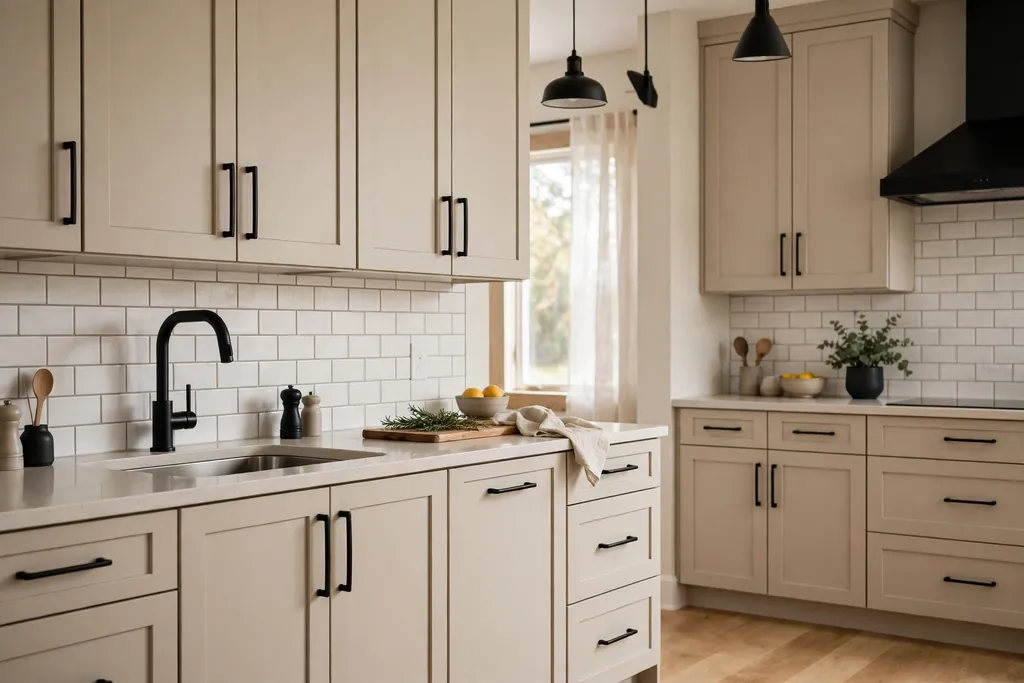 Beige kitchen cabinets with matte black handles and a black tap.