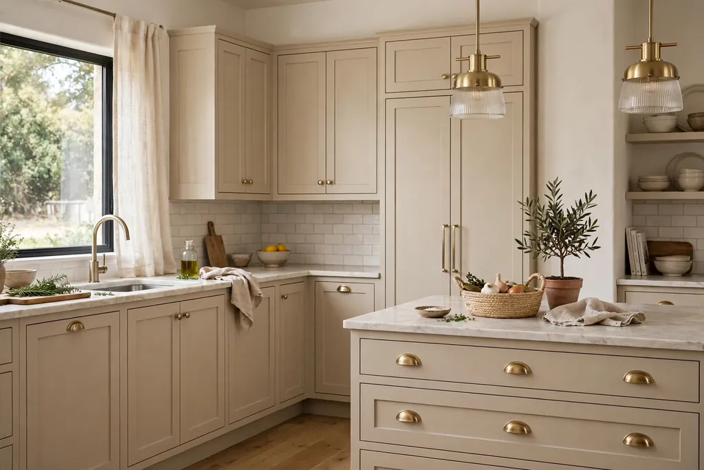 Beige kitchen cabinets with brushed brass knobs and cup pulls.
