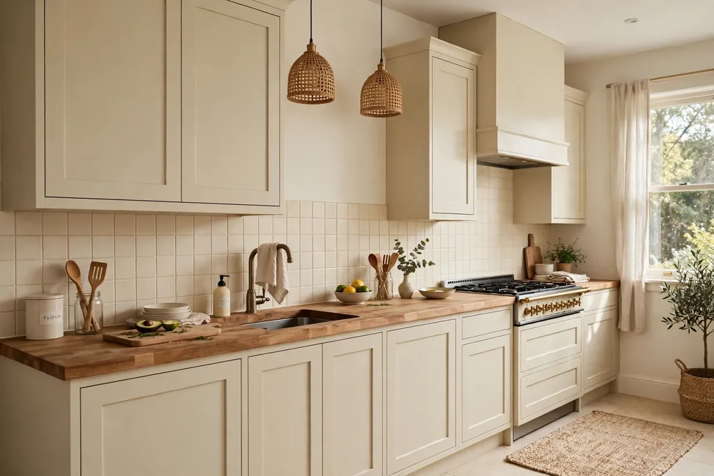 Creamy beige kitchen cabinets with butcher block counters and cream tiles.