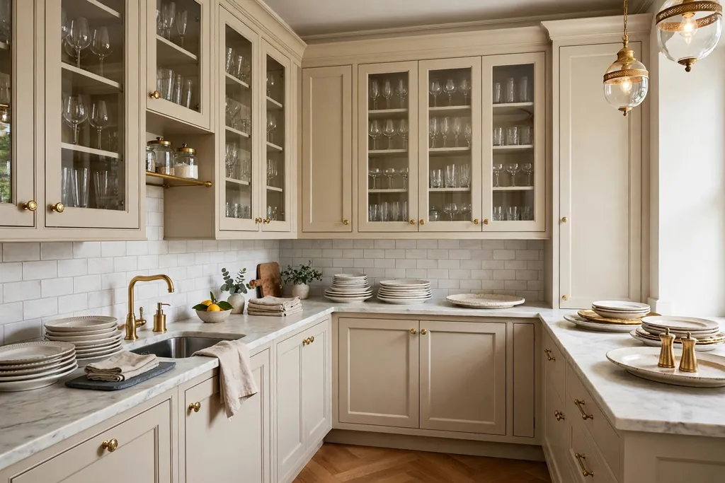 Butler's pantry with beige cabinets, glassware, and platters.