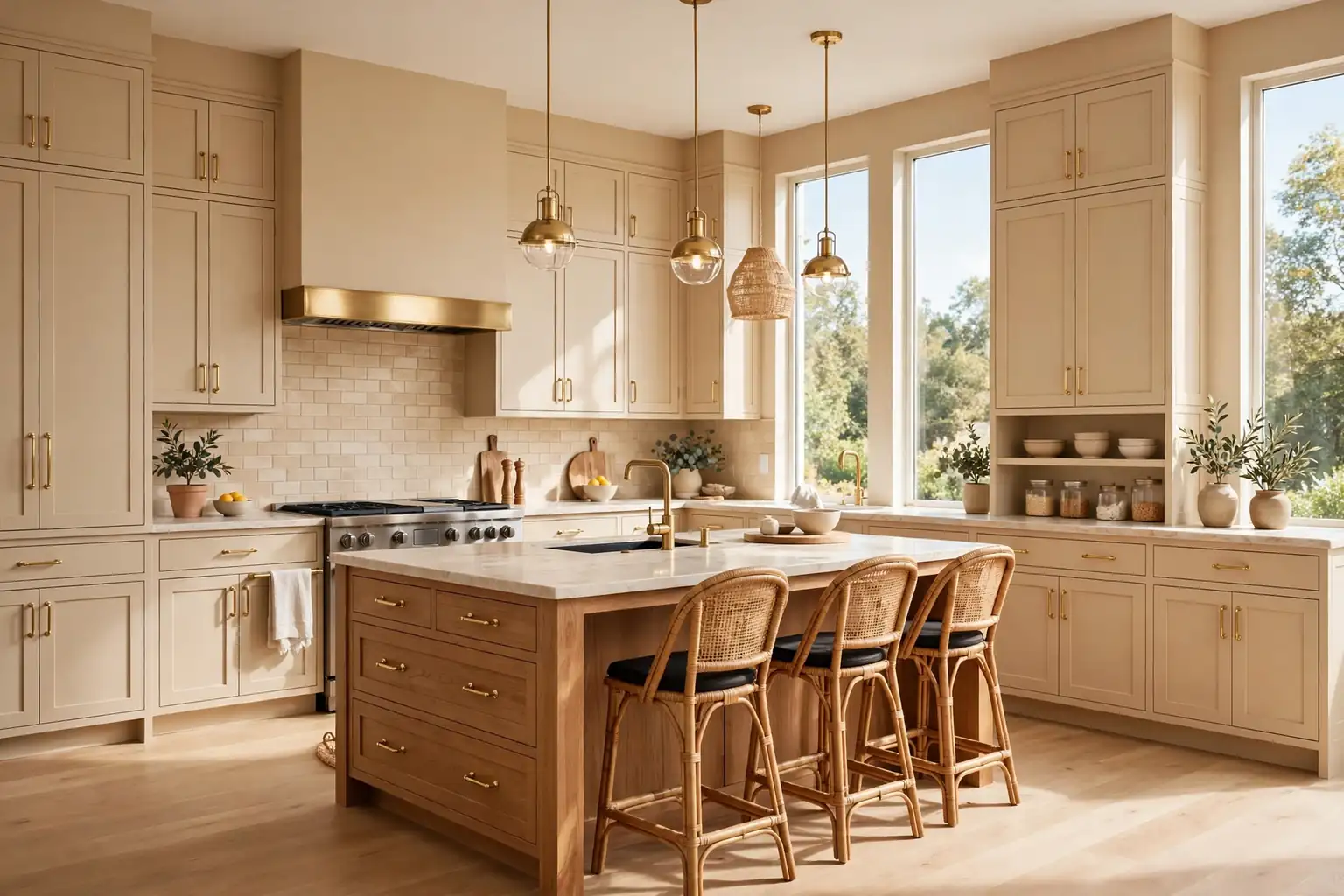 Wide kitchen with warm beige shaker cabinets, a wood island, and brass handles in daylight.