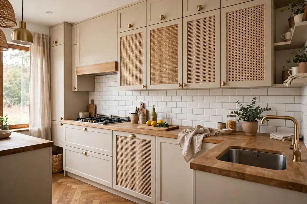Beige cabinets with woven cane door panels and wood counters.