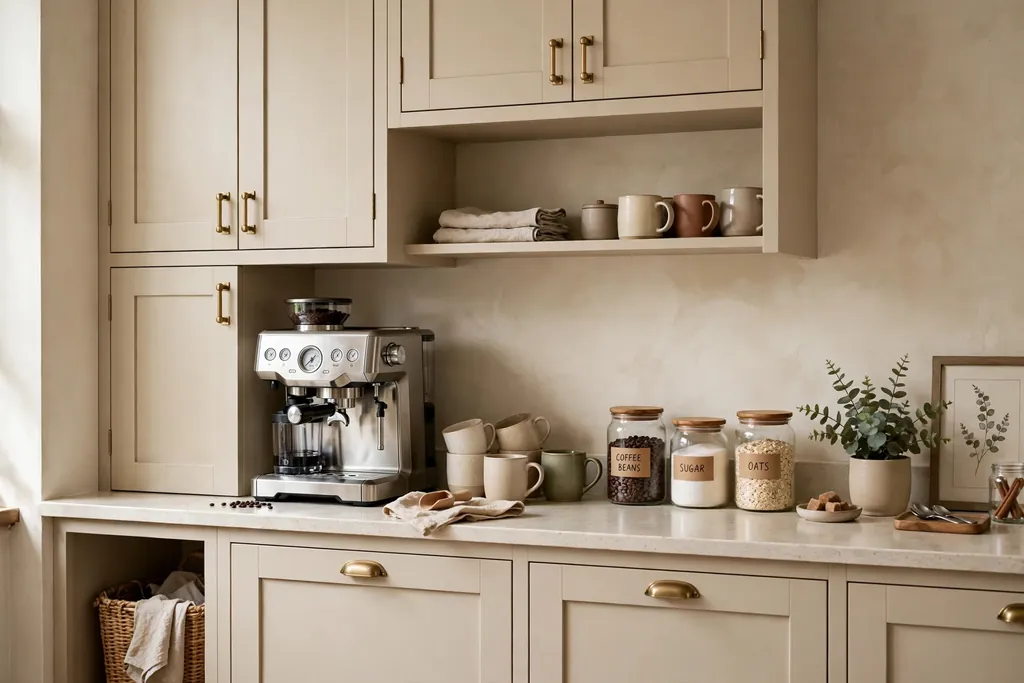 Beige cabinet coffee station with a coffee machine, mugs, and jars.
