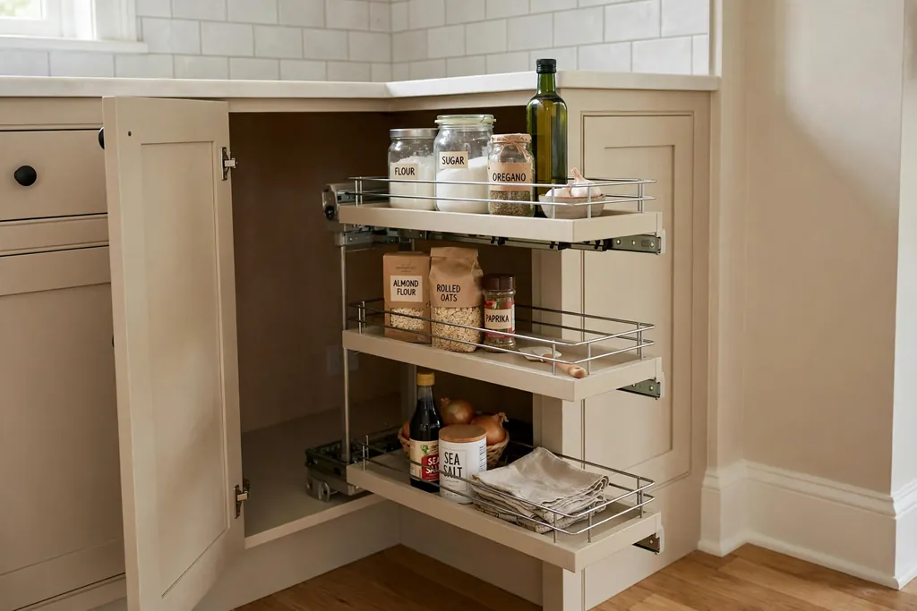 Beige corner cabinet with pull-out shelves drawn out.