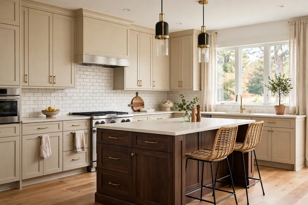 Beige perimeter cabinets with a dark wood island and a pale counter.