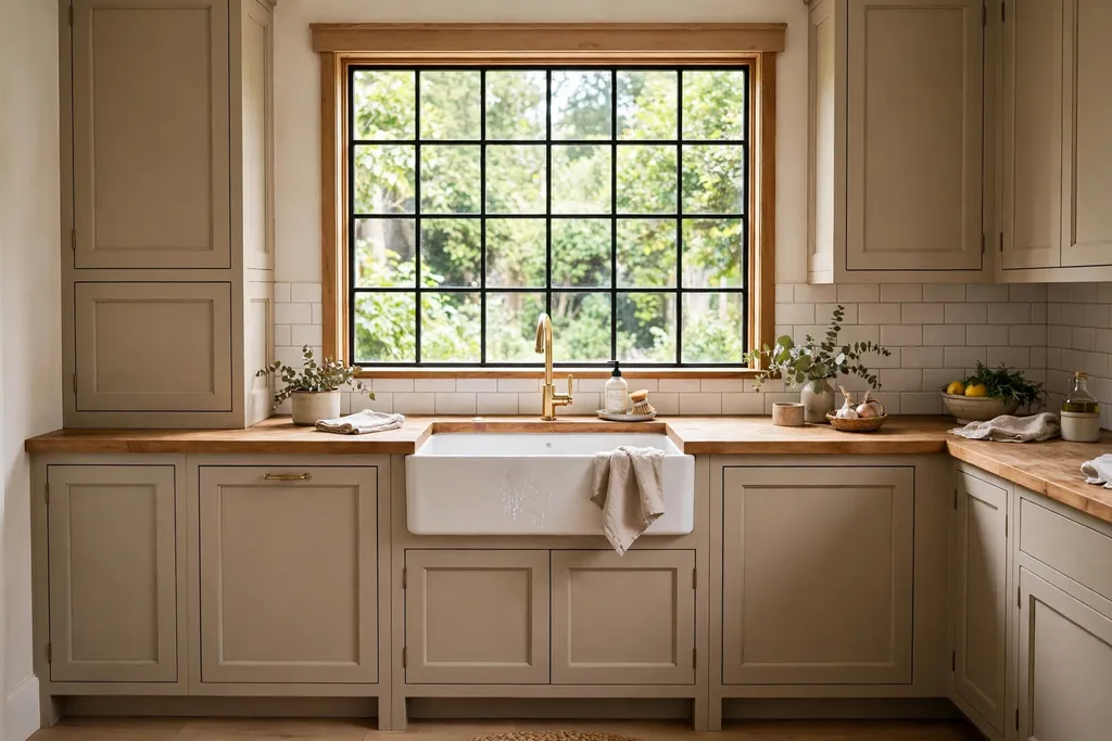 Beige cabinets around a farmhouse sink under a kitchen window.