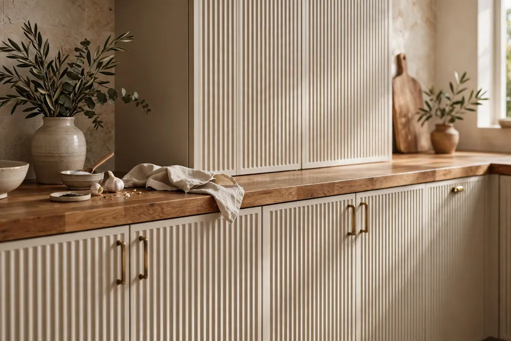 Beige fluted cabinet doors with a wood counter.