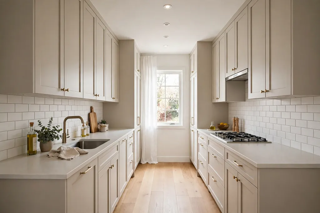 Galley kitchen with light beige cabinets on both walls.