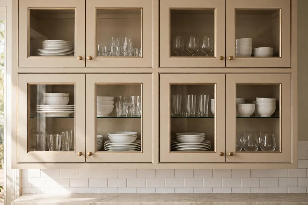 Beige glass-front upper cabinets displaying white dishes and clear glasses.