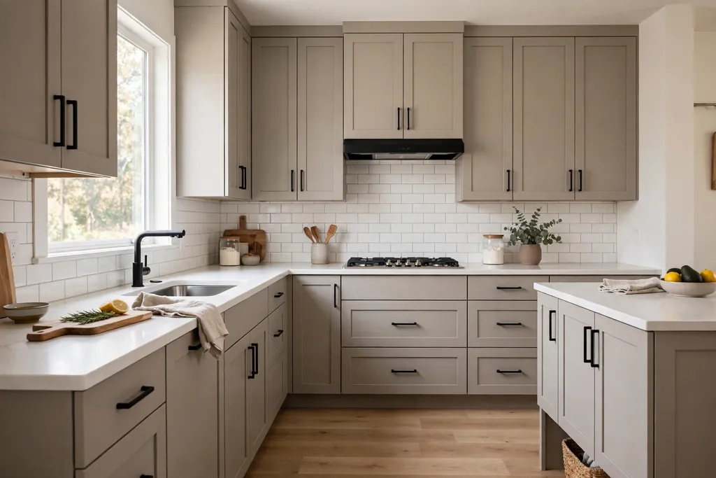 Kitchen with soft greige flat-panel cabinets, white counters, and black handles.