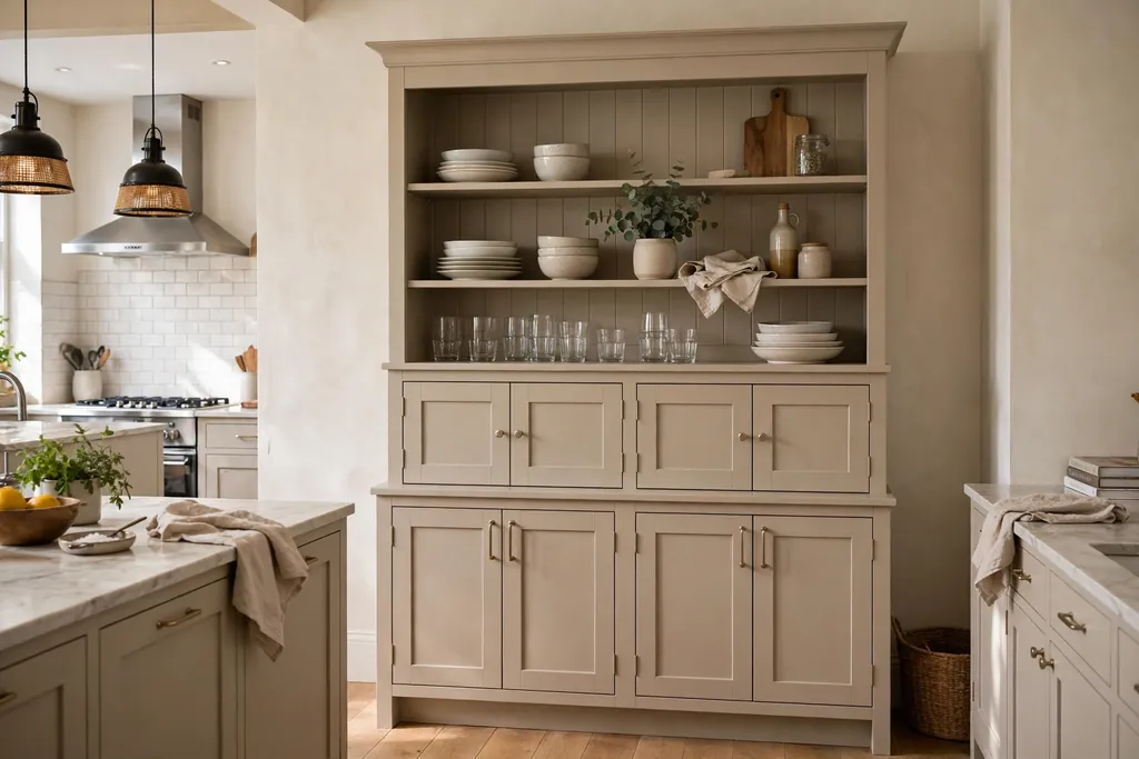 Hutch-style tall beige unit with open shelves above closed cabinets.