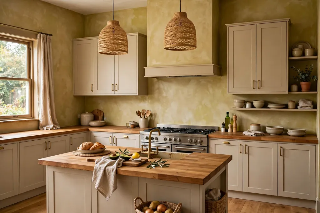 Beige cabinets with warm limewash walls and wood counters.