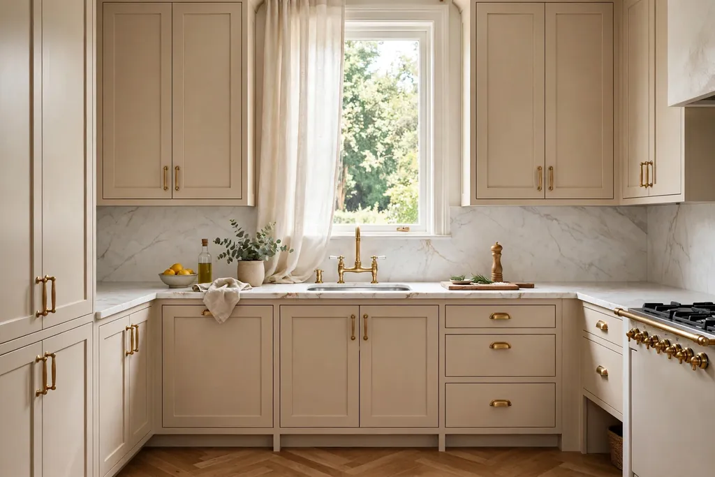 Beige kitchen cabinets with white marble counters and brass taps.