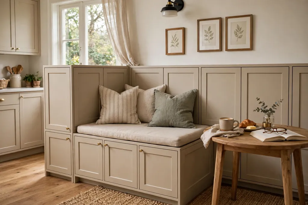 Breakfast nook bench in beige cabinet boxes beside a table.