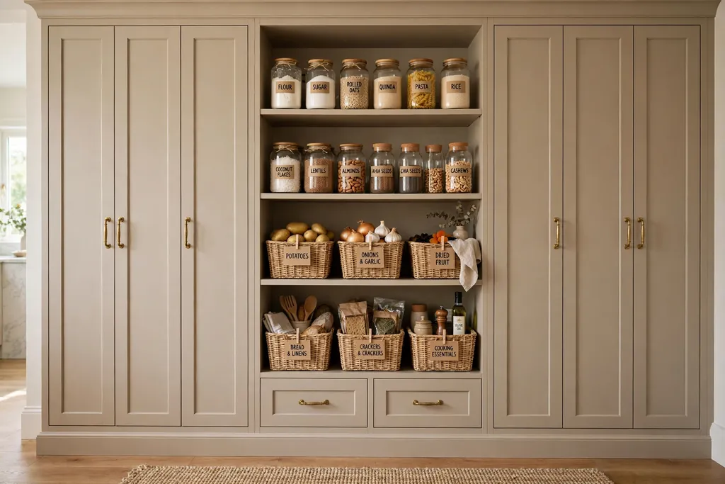 Floor-to-ceiling beige pantry cabinets with baskets and jars for dry goods.