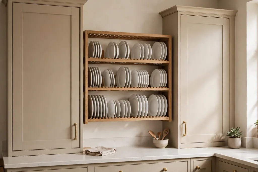 Open plate rack with white plates between beige cabinets.