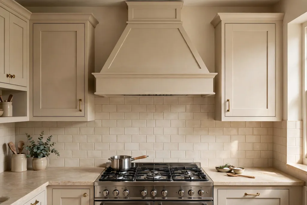 Beige range hood surround above a cooker with beige cabinets.